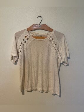 Lucky Brand Cream Short Sleeve Eyelet Top with Braided Shoulder Detail